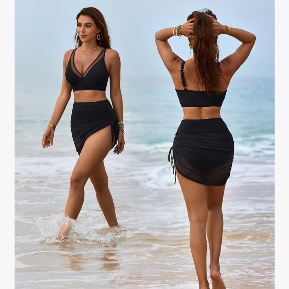 ✨NEW✨Blooming Jelly High Waisted Tummy Control Bikini Skirt Set - Black - Medium - Picture 2 of 6